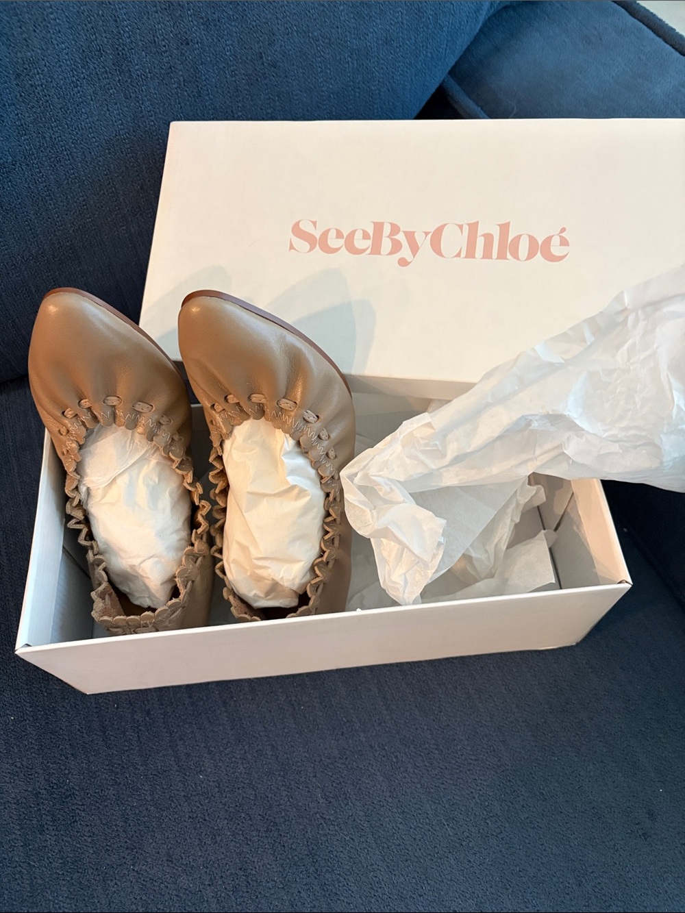 SeeByChloe Women’s Light Beige Smocked Leather Ballet Flats